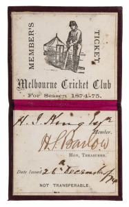 MELBOURNE CRICKET CLUB: 1874-75 Member's Season Ticket, claret leather covers with gilt 'M.C.C. 1874-75.' on front & reverse; ; made out for member H.J. King, Esq. Exceptional condition and extremely scarce.