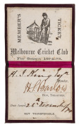 MELBOURNE CRICKET CLUB: 1874-75 Member's Season Ticket, claret leather covers with gilt 'M.C.C. 1874-75.' on front & reverse; ; made out for member H.J. King, Esq. Exceptional condition and extremely scarce.