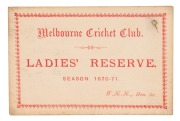 Melbourne Cricket Club: 1870-71 Ladies' Reserve season ticket, printed in red on a cream-coloured card, with the initials of W.H. Handfield at lower right. The only example for this season known to us.
