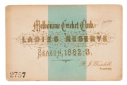 Melbourne Cricket Club: 1882-83 Ladies' Reserve season ticket, printed in gold on a pale-blue & white-coloured card, with the signature of B.J. Wardill at lower right; signed verso by J.B. Simms, Esq.