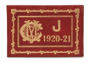 MELBOURNE CRICKET CLUB: 1920-21 Junior Membership ticket, No.502; red leather with gold embossed date, MCC logo and decorations.