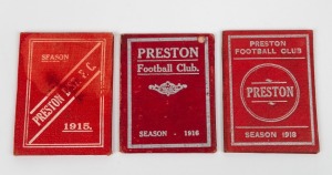 PRESTON FOOTBALL CLUB: Membership cards for 1915 (T. Freeman), 1916 (#25, T. Freeman), and 1918 (#146); rarely seen WW1 era . (3).
