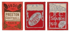 PRESTON FOOTBALL CLUB: Membership cards for 1930, 1931, 1932, 1936, and 1938 all low numbers and all made out to Honorary Life Member T. Freeman, who is included in the printed list incorporated into each card; also, the 1935, 1936 and 1939 Membership cards, used, but unnamed. The legendary Roy Cazaly coached Preston for the 1931 season. (Total: 8).