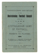 "CONSTITUTION AND RULES OF THE AUSTRALASIAN FOOTBALL COUNCIL with the LAWS of the AUSTRALASIAN GAME OF FOOTBALL, and of PERMITS TO PLAYERS. 1893. As adopted at the Conference of Intercolonial Delegates held at Melbourne, Nov.2, 1892.", [Richmond, McCutcha