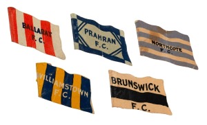 1908 Wills Victorian Football Flags: originally issued with pins, these (5) examples are intact, but without pins: BALLARAT F.C. (Havelock back); BRUNSWICK F.C. (blank back); NORTHCOTE F.C. (Capstan back); PRAHRAN F.C. (Capstan back) and WILLIAMSTOWN F.C.