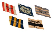 1908 Wills Victorian Football Flags: originally issued with pins, these (5) examples are intact, but without pins: BALLARAT F.C. (Havelock back); BRUNSWICK F.C. (blank back); NORTHCOTE F.C. (Capstan back); PRAHRAN F.C. (Capstan back) and WILLIAMSTOWN F.C.