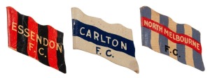 1908 Wills Victorian Football Flags: originally issued with pins, these (3) examples are intact, but without pins: CARLTON F.C. (Havelock back); ESSENDON F.C. (Capstan back) and NORTH MELBOURNE F.C. (Capstan back).