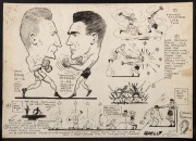 Nov.1922 original artwork by SAM WELLS (1885 - 1972) for the Melbourne Herald: a comprehensive visual presentation of the one-sided middle-weight championship fight between Charlie Ring and Alf "Smasher" Stewart, during which Stewart had his opponent on t