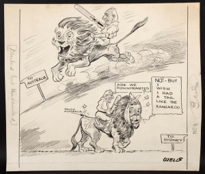 AUSTRALIA IN ENGLAND: Original artwork by Samuel Wells, depicting the English Lion running enthusiastically towards Australia, later to be seen limping towards Sydney after defeats in Adelaide and Melbourne; "Are we downhearted? No! - But I wish I had a tail like the kangaroo....", pen and ink, with pencil notations in the margins; titled "Dinted but Undaunted"; overall 25 x 29.5cm.