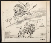 AUSTRALIA IN ENGLAND: Original artwork by Samuel Wells, depicting the English Lion running enthusiastically towards Australia, later to be seen limping towards Sydney after defeats in Adelaide and Melbourne; "Are we downhearted? No! - But I wish I had a t