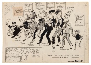 Original artwork by Samuel Wells, as published in the Sporting Globe, Melbourne Punch and Melbourne Herald in the 1920s: Whittier winning the Caulfield Cup, Flaviol wins at Moonee Valley, SIr Samuel Hordern owner of Prince Cox, etc. (4 items); pen and ink