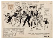 Original artwork by Samuel Wells, as published in the Sporting Globe, Melbourne Punch and Melbourne Herald in the 1920s: Whittier winning the Caulfield Cup, Flaviol wins at Moonee Valley, SIr Samuel Hordern owner of Prince Cox, etc. (4 items); pen and ink