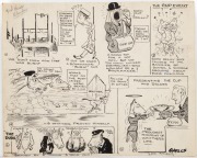 Original artwork by Samuel Wells, as published in the Sporting Globe, Melbourne Punch and Melbourne Herald in the 1920s: Whittier winning the Caulfield Cup, Flaviol wins at Moonee Valley, SIr Samuel Hordern owner of Prince Cox, etc. (4 items); pen and ink - 2
