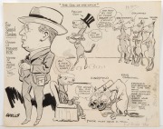 Original artwork by Samuel Wells, as published in the Sporting Globe, Melbourne Punch and Melbourne Herald in the 1920s: Whittier winning the Caulfield Cup, Flaviol wins at Moonee Valley, SIr Samuel Hordern owner of Prince Cox, etc. (4 items); pen and ink - 3