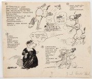 Original artwork by Samuel Wells, as published in the Sporting Globe, Melbourne Punch and Melbourne Herald in the 1920s: Whittier winning the Caulfield Cup, Flaviol wins at Moonee Valley, SIr Samuel Hordern owner of Prince Cox, etc. (4 items); pen and ink - 4