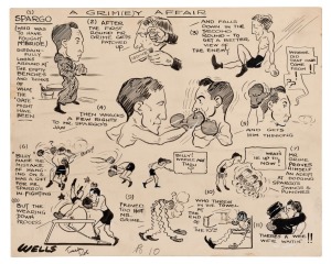 A fine group of Sam Wells' original artworks for cartoons published in Melbourne Punch, the Sporting Globe and the Melbourne Herald: boxers (and wrestlers) depicted include Herb Haar, Albert Hertel, Alf Stewart, Charlie Ring, Bert Spargo, Bert McCarthy, Sid Godfrey, Harry Stone, Jimmy Semmens, Freddie Jacks, Jim Dale, Jerry Sullivan, Bud Ridley, Kid D'Silva, Johnny Kilbane, and others. Pen and ink on paper, most with pencil markings in the margins; (18), various sizes to 25 x 35cm.