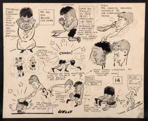 McBRIDE defeats JAMITO: Original artwork by Sam Wells, September 1922, telling the story of Benjamin Jamito Gan's first professional knock-out at the hands of Stanley McBride; pen & ink, overall 25.5 x 31.5cm.
