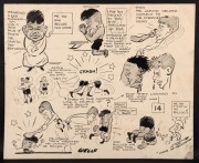 McBRIDE defeats JAMITO: Original artwork by Sam Wells, September 1922, telling the story of Benjamin Jamito Gan's first professional knock-out at the hands of Stanley McBride; pen & ink, overall 25.5 x 31.5cm.