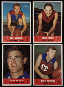 THE SCANLENS DIE-CUT CARDS OF 1969: Hassa Mann, Bernie McCathy, Ted Whitten and Hugh Worrall, John Nicholls, complete and unpopped. (5).