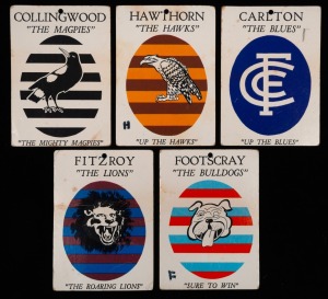 1968 SCANLENS "VFL CLUB MASCOTS", part set [5/12] comprising of Carlton, Collingwood, Fitzroy, Footscray, and Hawthorn. Fair/VG. Rare.