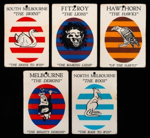 1968 SCANLENS "VFL CLUB MASCOTS", part set [5/12] comprising of Fitzroy, Hawthorn, Melbourne, North Melbourne, and South Melbourne. Fair/VG. Rare.