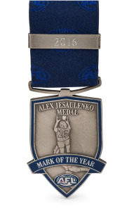 MAJAK DAW'S 2016 MARK OF THE YEAR MEDAL: sterling silver & enamel, with the wording "ALEX JESAULENKO MEDAL - MARK OF THE YEAR - AFL", and with a bar on the attached ribbon engraved "2016".