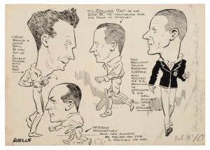 SAMUEL WELLS and Cricket in Australia: The great cartoonist and caricaturist, loved to 'take the mickey" out of sportsmen - great and not-so-great, and his cricket subjects were amongst his favourites: A delightful collection of seven original pen and ink