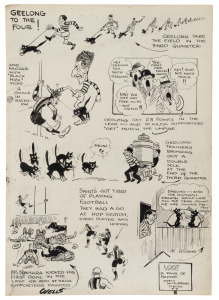 GEELONG v ST.KILDA, 25th August 1923: Cartoonist Samuel Wells' version of events: during the Round 15 game in which Geelong defeated St. Kilda by 16 points having not scored at all in the 2nd quarter, kicked seven goals straight in the 3rd, with Haggar ki