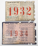 GEELONG: 1932 and 1934 member's season tickets (#1309 & #1489), both with fixture lists & holes for each game attended. (2). - 2