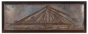 A vintage repousse copper plaque of a bridge, circa 1970, ​​​​​​​48 x 128cm overall.
