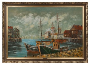 ARTIST UNKNOWN, France, 1911, (port scene), oil on board, 59 x 86, 71 x 101cm overall.