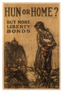 HENRY RALEIGH (1880-1945) 'Hun Or Home? Buy More Liberty Bonds', original 1919 colour poster, the artist's surname at lower left in the plate, produced by Edwards & Deutsch Litho. Co., Chicago, 74 x 45cm. The silhouette of the pickelhaube-wearing 'Hun' st