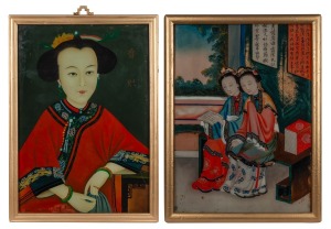 Two antique Chinese reverse glass paintings, Qing Dynasty, 19th century, 54 x 38cm each overall.