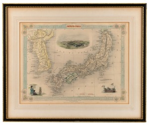 JAPAN & COREA steel engraving by Tallis with three small vignettes; attractively hand coloured, circa 1985, 27 x 35cm, overall 38 x 45cm.