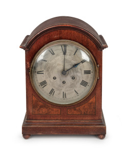 An antique German Gustav Becker mahogany cased mantle clock with three train Westminster gong chiming movement with chime silent feature and Roman numerals to the silver dial, early 20th century, 39cm high