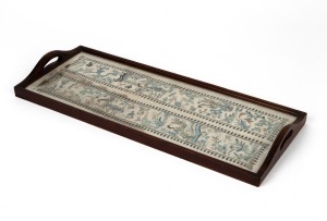 A vintage wooden serving tray with antique Chinese silk embroidered lining under glass, the tray early 20th century, the silk 18th/19th century, ​​​​​​​58.5cm wide