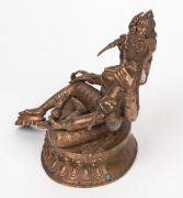 A Sino-Tibetan cast copper Green Tara seated statue inlaid with silver, turquoise and red stone, ​​​​​​​20th century, 20cm high - 3