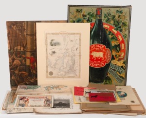 Assorted antique and vintage ephemera, maps and prints, including "DUBLIN XXX STOUT" chromolithograph Guinness poster mounted on card, New Zealand Shipping Company, Tasmanian interest, share certificates, agricultural prizes etc., (qty). Inspection will r