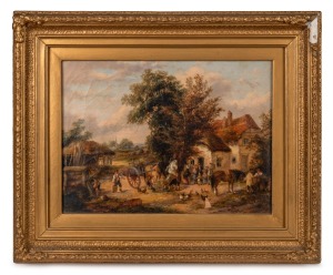 ARTIST UNKNOWN, A Village Scene, oil on canvas, titled verso and signed "G. Lara"?, ​​​​​​​21 x 28cm, 35 x 42cm overall