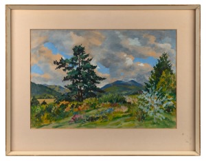 ARTIST UNKNOWN, (landscape with trees and flowers), gouache, signed lower right "Iain MacN...(?), 1965", 37 x 55cm, 56 x 72cm overall