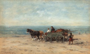 ARTIST UNKNOWN, On The Beach, watercolour, signed lower left (illegible), dated 1879, with hand-written manuscript labels verso, ​​​​​​​30 x 48cm, 41 x 59cm overall