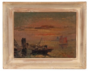 ARTIST UNKNOWN, (Venetian Lagoon Scene), oil on board, signed lower right (illegible), ​​​​​​​29 x 39cm, 41 x 51cm overall