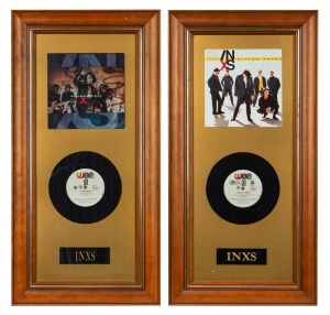 INXS: Two framed 45rpm displays, "Bitter Tears" and "Disappear", 70 x 35cm each overall