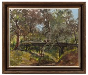 ARTIST UNKNOWN, (bridge in bushland), oil on board, signed lower right (illegible), 50 x 60cm, 62 x 72cm overall