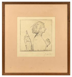 ARTIST UNKNOWN, (profile portrait of a lady), dry point etching, signed lower right (illegible), image size 24.5 x 24.5cm, 58 x 53cm overall