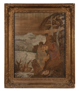 An antique silk embroidered tapestry in original gilt frame, 19th century, 75 x 60cm overall.