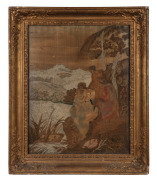 An antique silk embroidered tapestry in original gilt frame, 19th century, ​​​​​​​75 x 60cm overall.