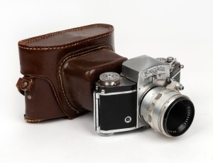 IHAGEE: Type 2 Exakta VX SLR camera [#793531], c. 1954, with Tessar 50mm f2.8 lens [#4839653] and matching leather case.