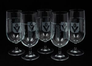Set of five beer glasses engraved for the 1989 VFL Premiership Dinner, each glass engraved with the VFL logo and a list of Premiership winners from 1897 to 1989. (5 items)