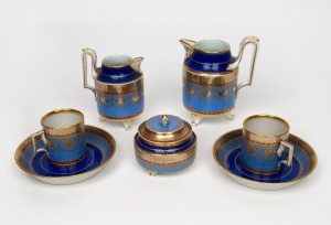 ROYAL VIENNA antique blue and gilt porcelain bachelor's tea set for two, early 20th century, (7 items), blue beehive mark to base, the largest 14.5cm high.